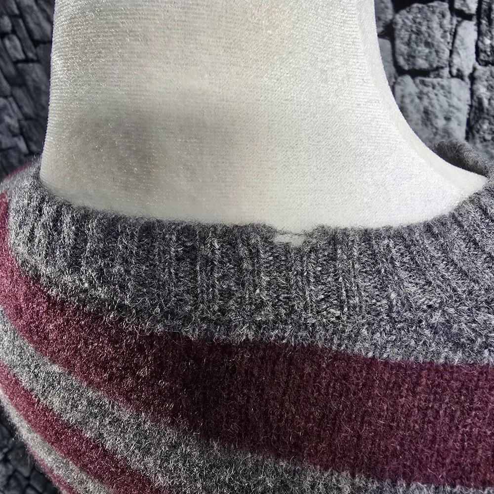 Striped Maroon and Gray Men's J.Crew Lambs Wool Sweater. Size Medium